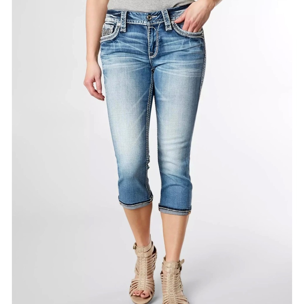 ROCK REVIVAL Med-Wash BETTY Mid Rise RHINESTONES Capri SKINNY CROPPED JEANS 28